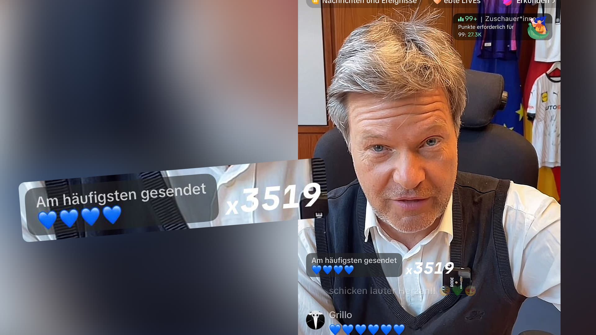 Der Kampf um TikTok: Habeck geht live und wird mit blauen Herzen geflutet