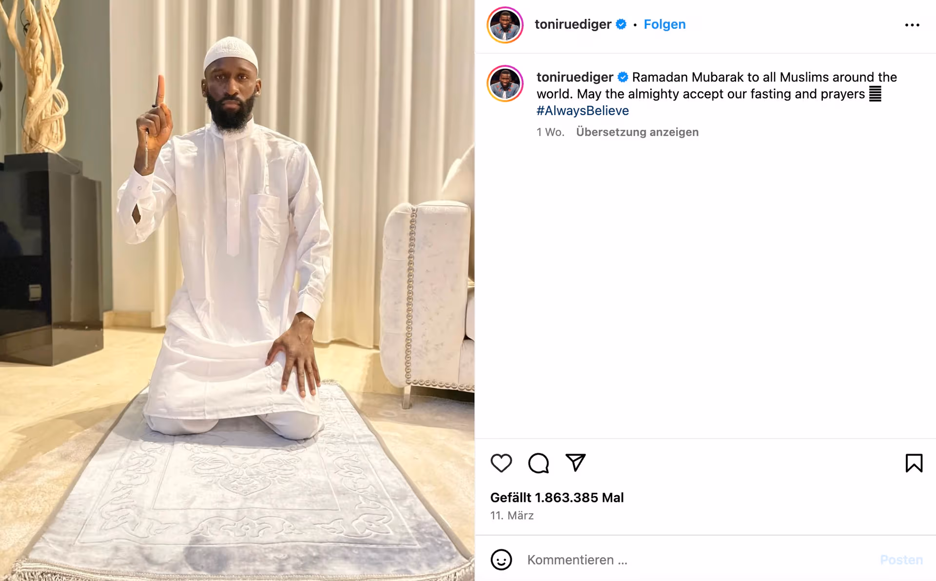 Nationalspieler Rüdiger zeigt Islamisten-Gruß von ISIS: „Einen gesegneten Ramadan“