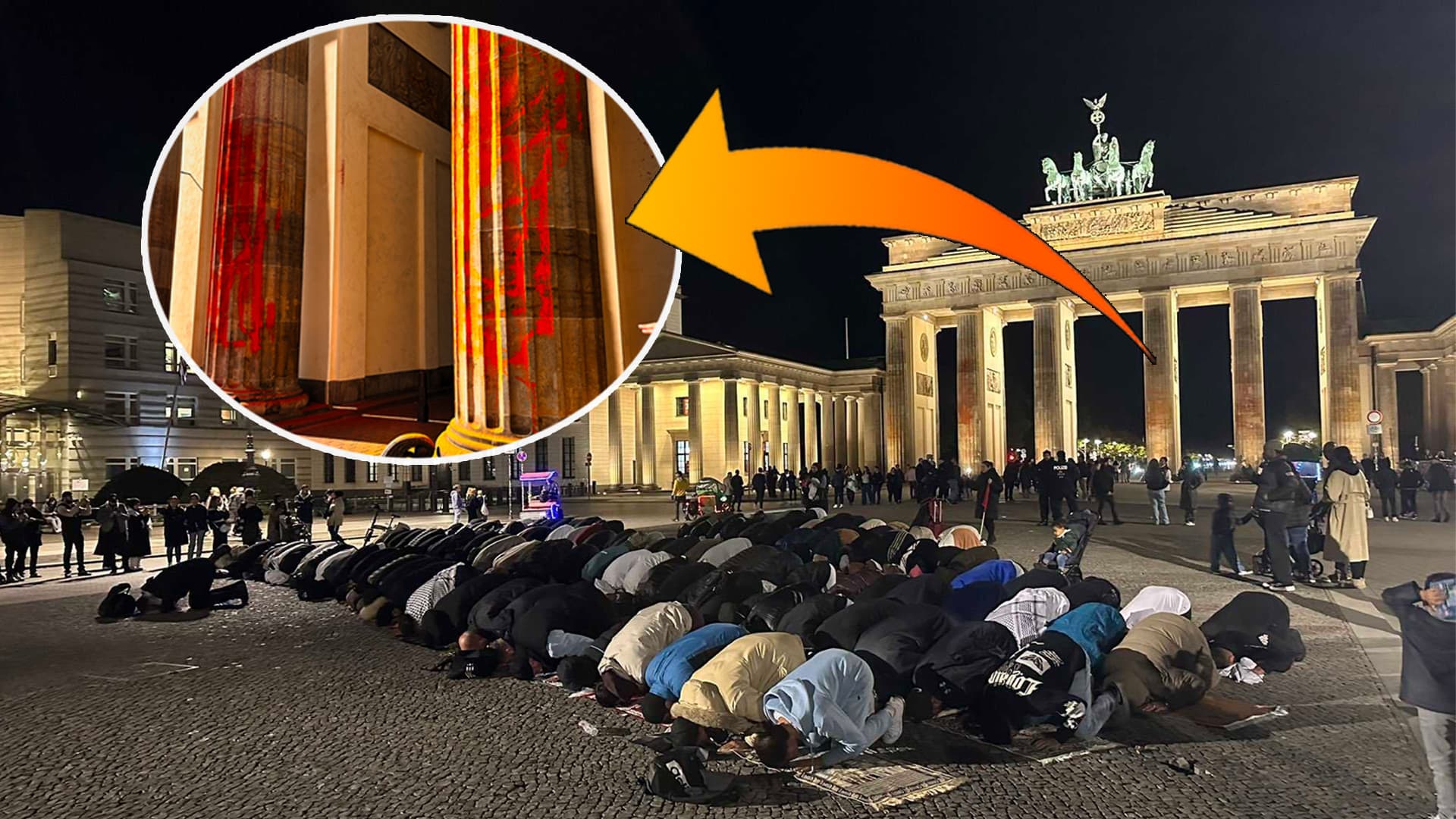 Islamisten beten vor dem Klima-beschmierten Brandenburger Tor: Das wankende Deutschland 2023 in einem Bild