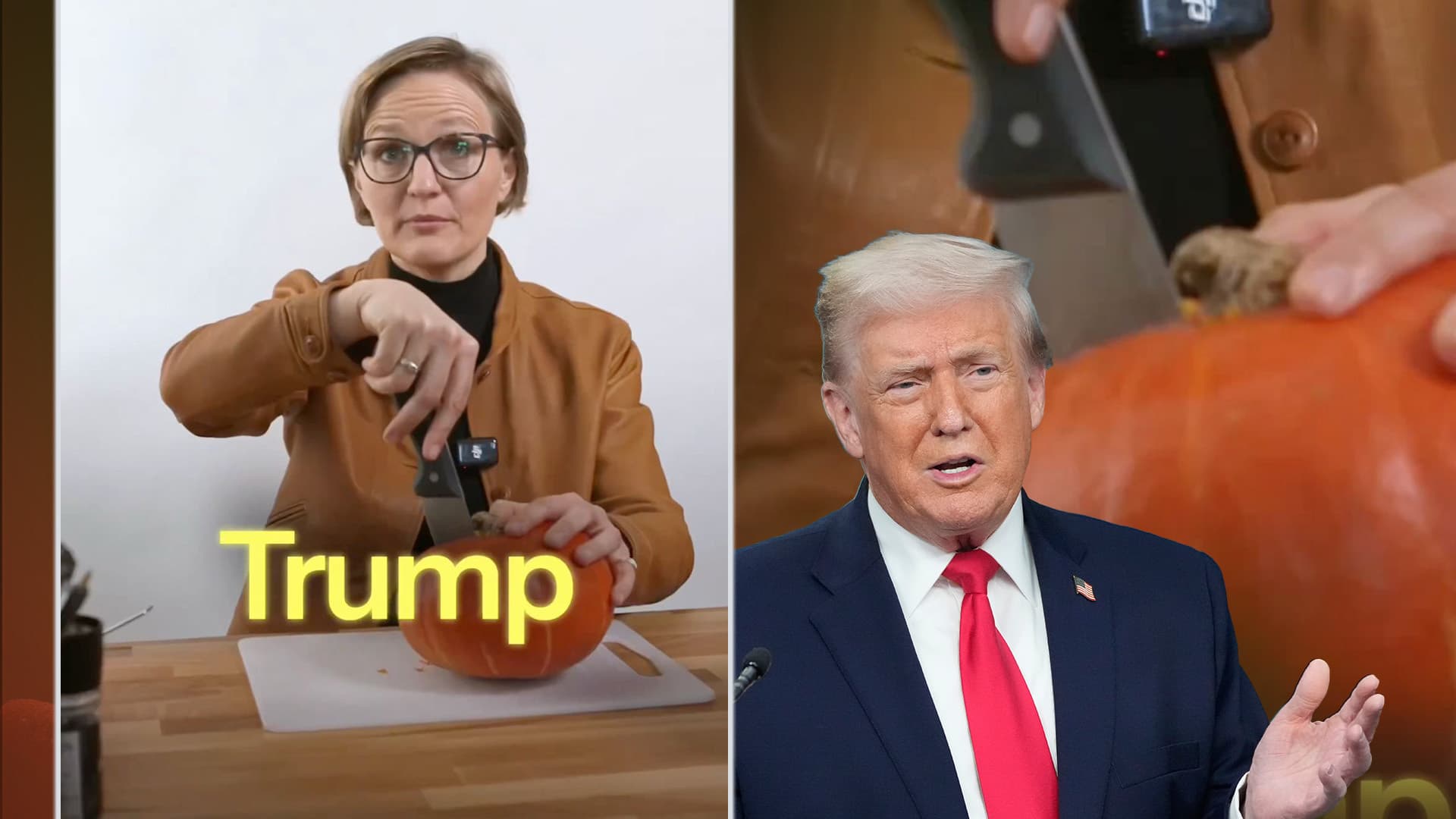 Bizarres Video: Grünen-Chefin zerlegt Kürbis-Trump mit Messer
