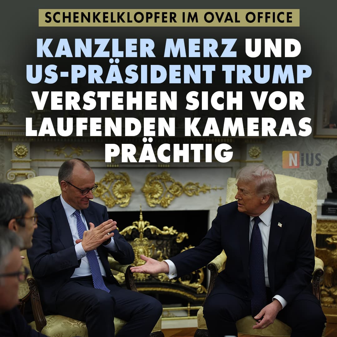 Schenkelklopfer im Oval Office: Kanzler Friedrich Merz und US-Präsident Donald Trump verstehen sich vor laufenden Kameras prächtig