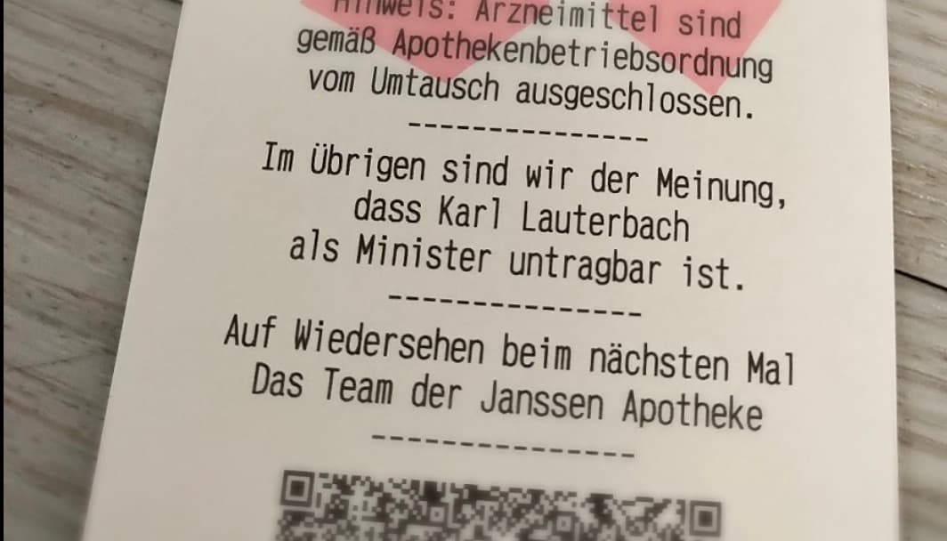 Unzufriedenheit mit Gesundheitsminister: Apotheke druckt Beschwerde gegen Lauterbach auf jeden Kassenbon