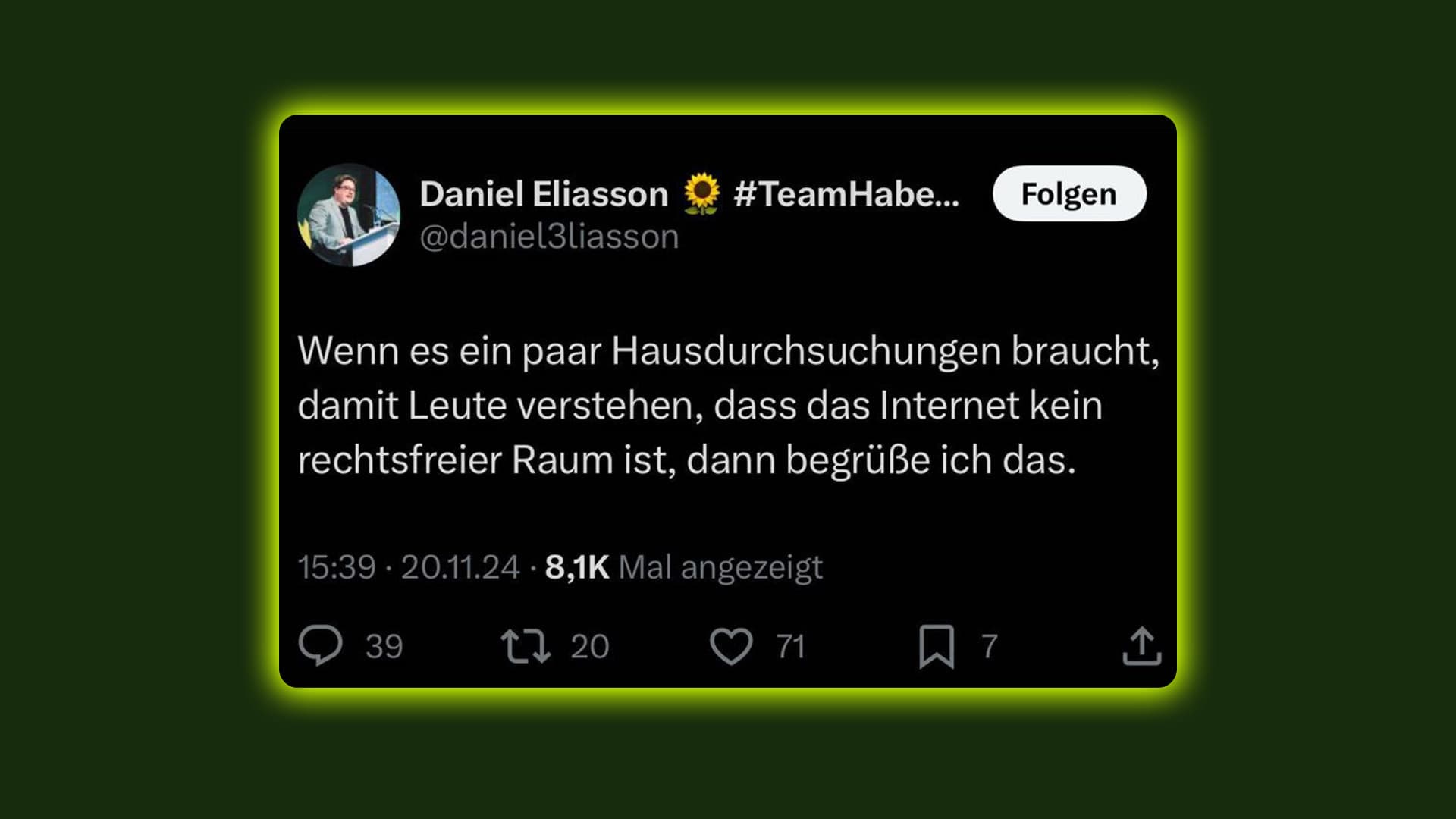 Grüner Funktionär begrüßt Hausdurchsuchungen wegen Beleidigung von Politikern