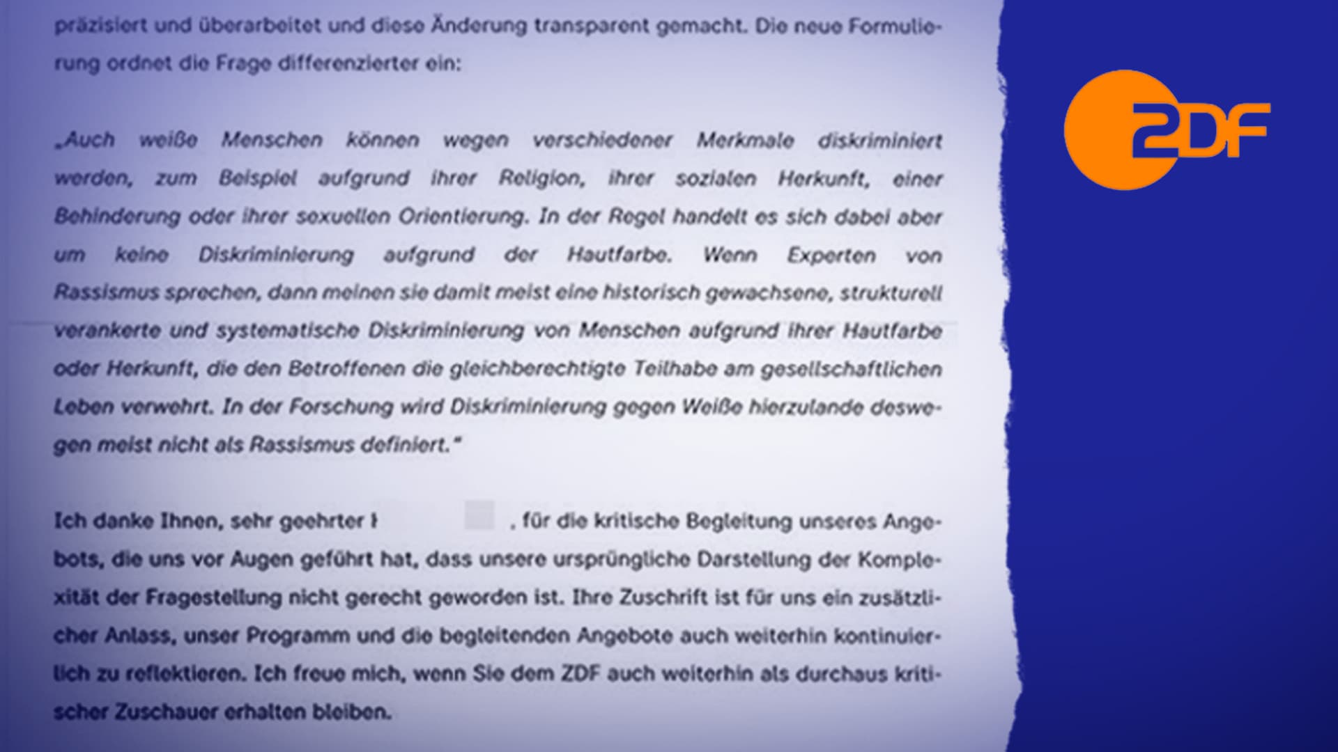 ZDF hält offiziell daran fest, dass es keinen Rassismus gegen Weiße gibt