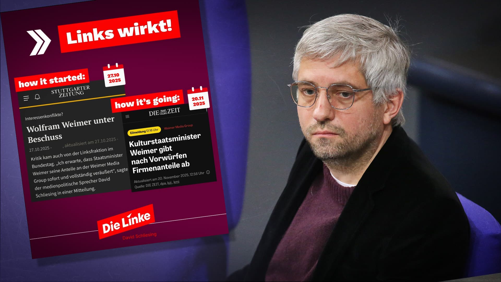 „Links wirkt!“: Linkspartei reklamiert Rückzug Weimers aus seinem Unternehmen für sich