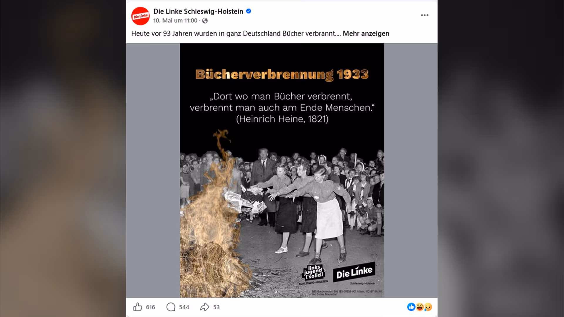 Linkspartei illustriert „Bücherverbrennung“ von 1933 mit Verbrennung von „Schundliteratur“ in der DDR