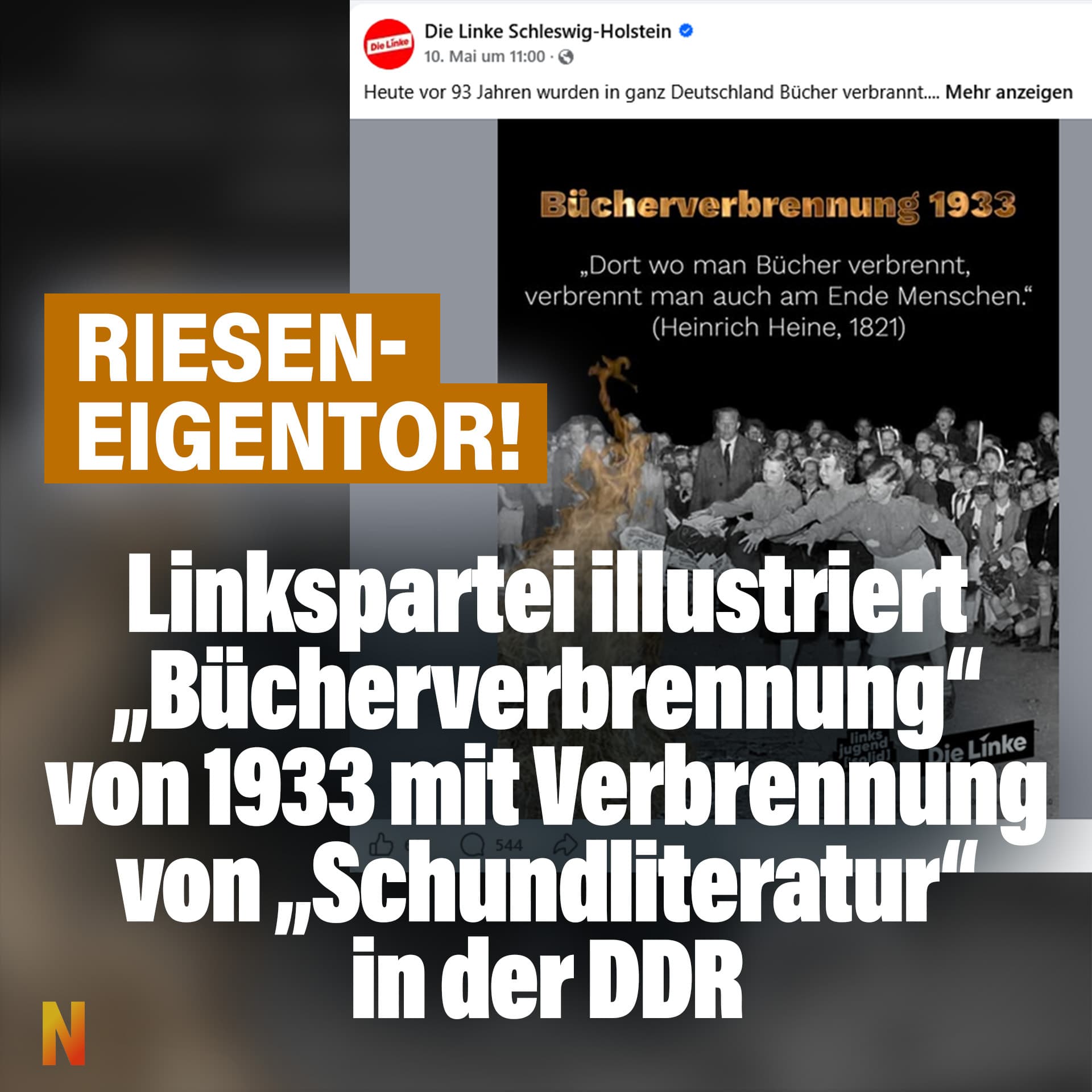 Linkspartei illustriert „Bücherverbrennung“ von 1933 mit Verbrennung von „Schundliteratur“ in der DDR