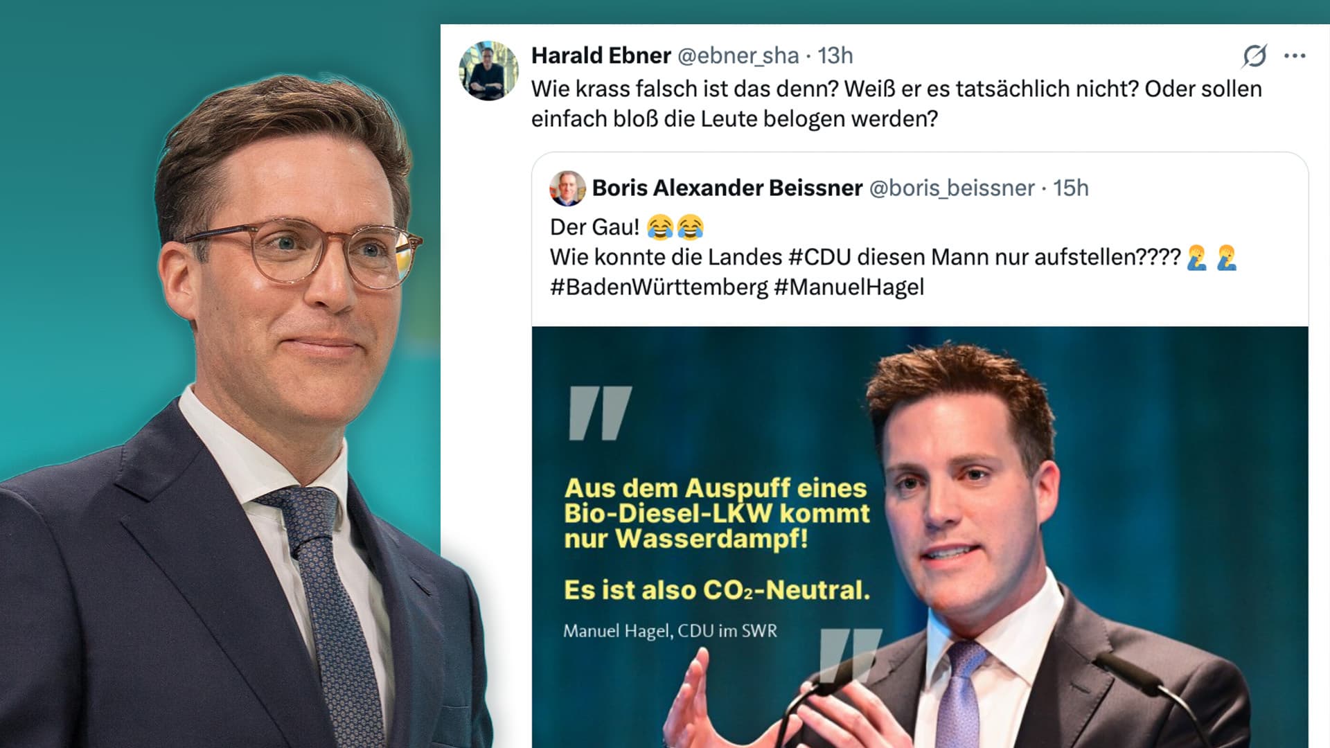 „Aus dem Auspuff kommt nur Wasserdampf“: Grüne verbreiten Fake-Zitat von Manuel Hagel