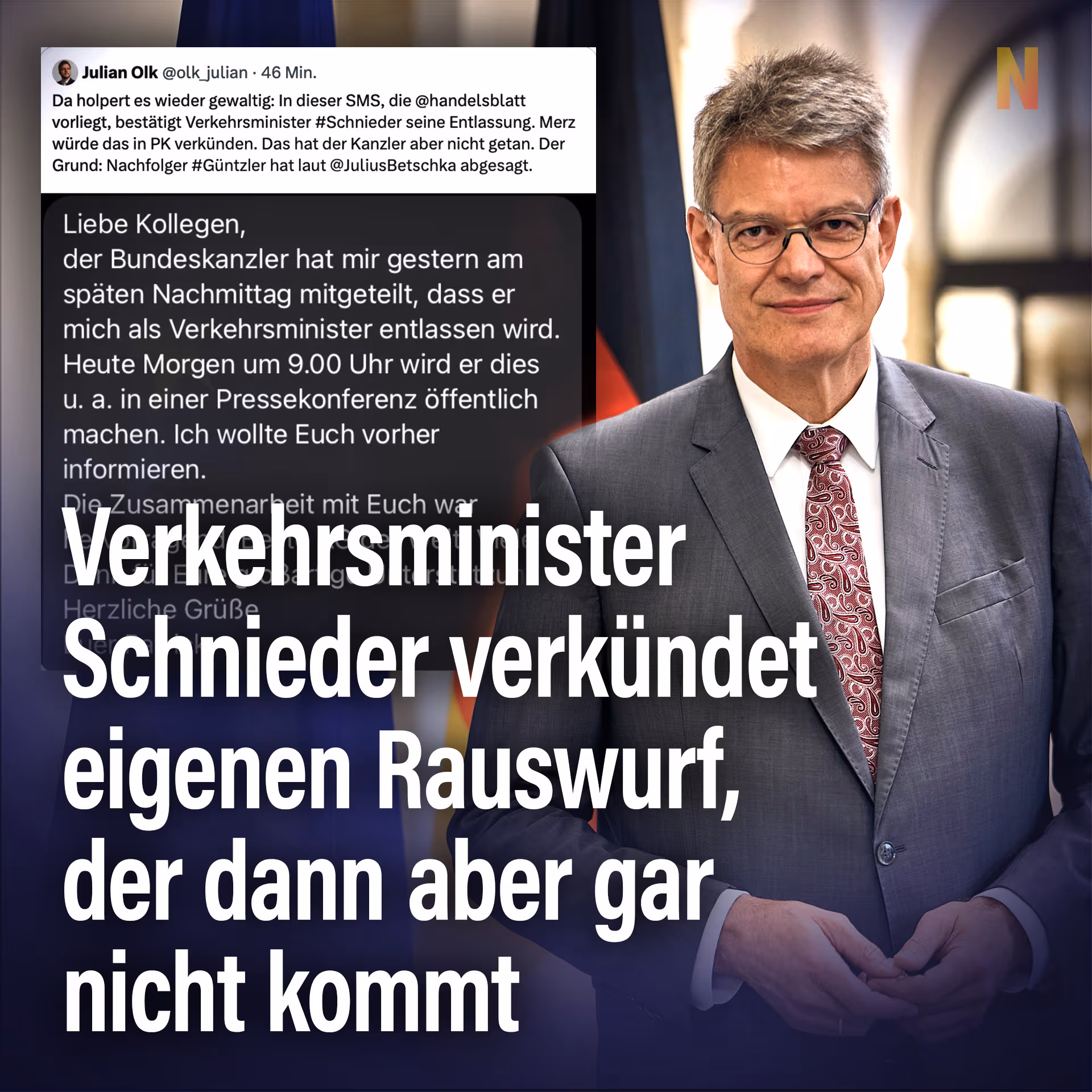 Verkehrsminister Schnieder verkündet eigenen Rauswurf, der dann aber gar nicht kommt