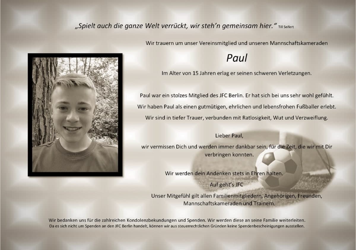 Obduktionsbericht: Fußballer Paul (15) starb durch „stumpfe Gewalt am Kopf“