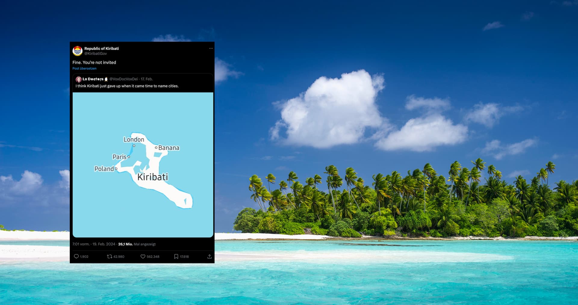 „Sie sind nicht eingeladen“: Inselstaat Kiribati geht mit schlagfertigem Konter viral