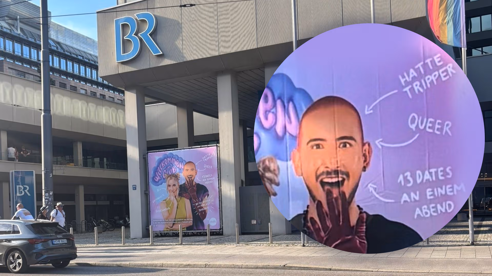 Bayerischer Rundfunk hängt sich riesiges queeres Tripper-Plakat an die Zentrale