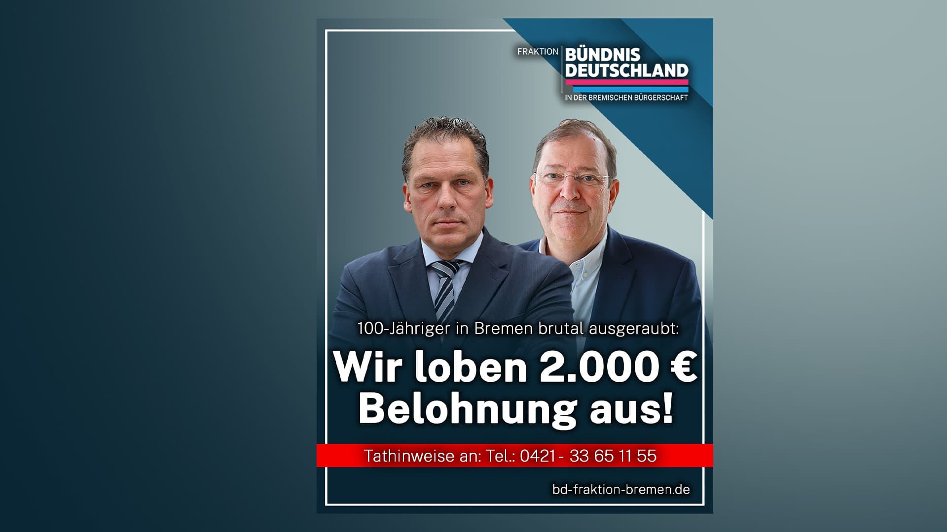 100-Jähriger in Bremen überfallen und ausgeraubt: Erste Partei setzt Belohnung auf Täter mit „dunklem Teint” aus